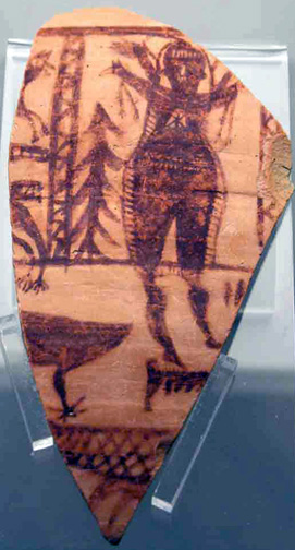 red ochre painted pot with wolf-person in tunic