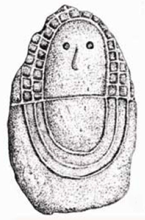 round stone with face, necklace, and diadem